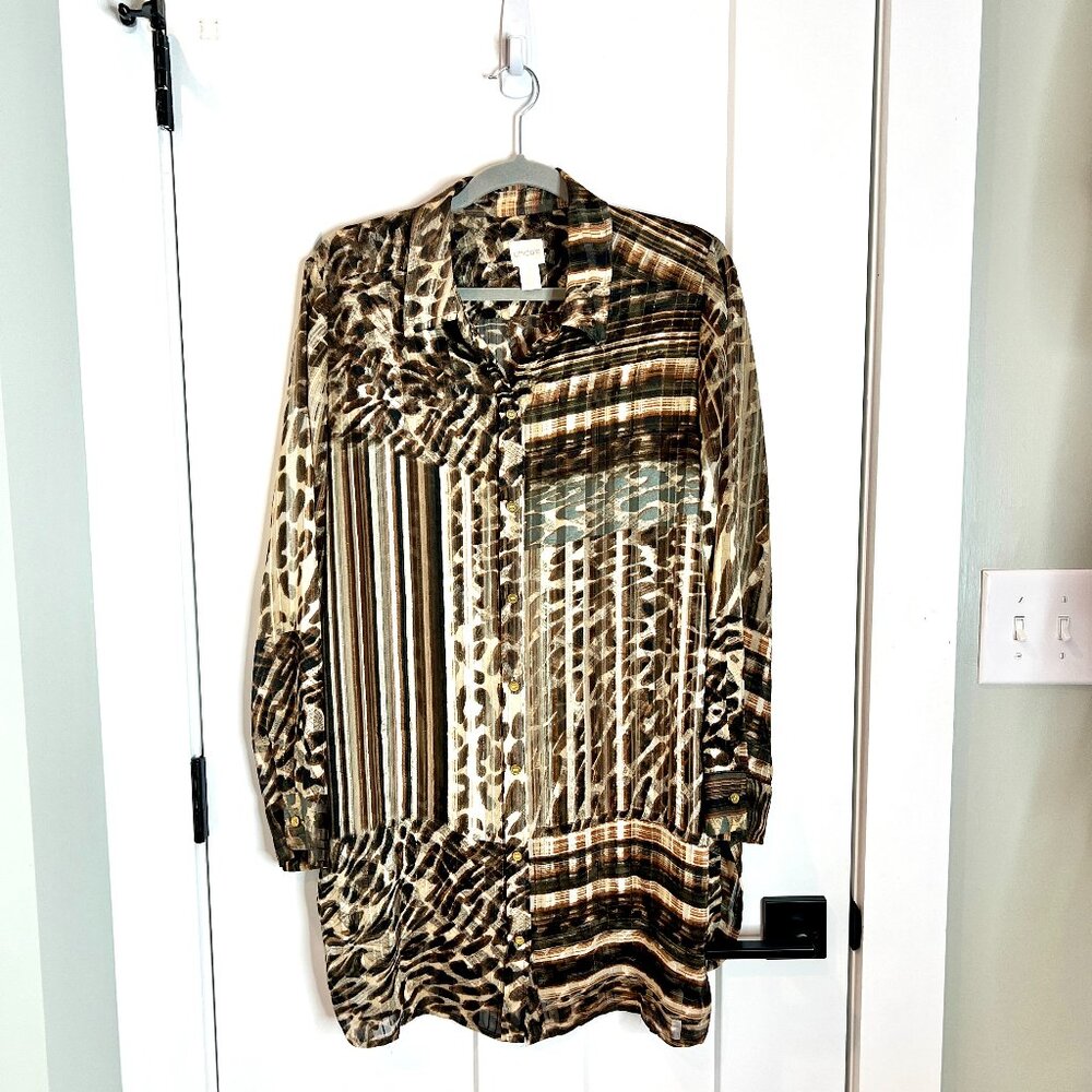Chico's Long-Lined Brown Aviana Striped Leopard Print Sheer Blouse Tunic Size L